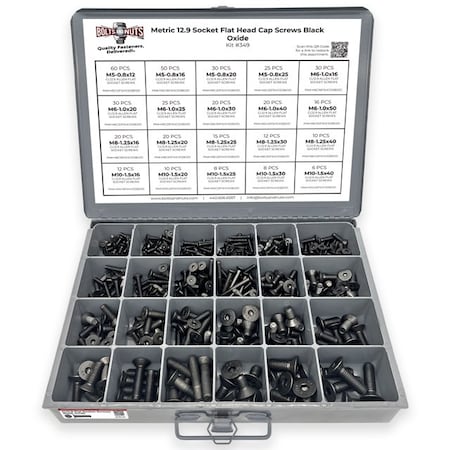 Boltsandnuts.Com Metric Class 12.9 Flat Socket Screws Black Oxide - 453 PCS Assortment Kit #349